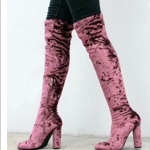 Mauve. , Velvet, Chunky heel, knee high boots.